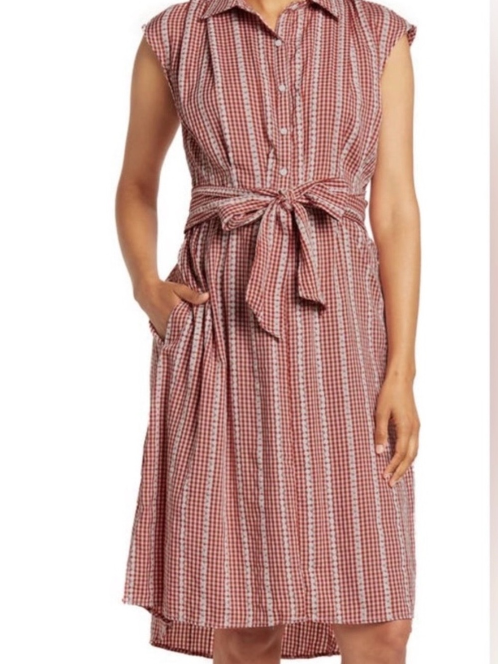 Max Studio SZ M Red/White Gingham Shirt Dress Cap sleeves Midi pockets